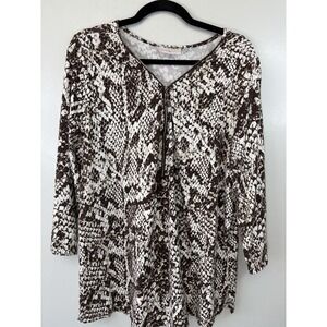 Belle By Kim Gravel Brown/white Snake Skin Printed 3/4 Sleeve Blouse‎ Size XL